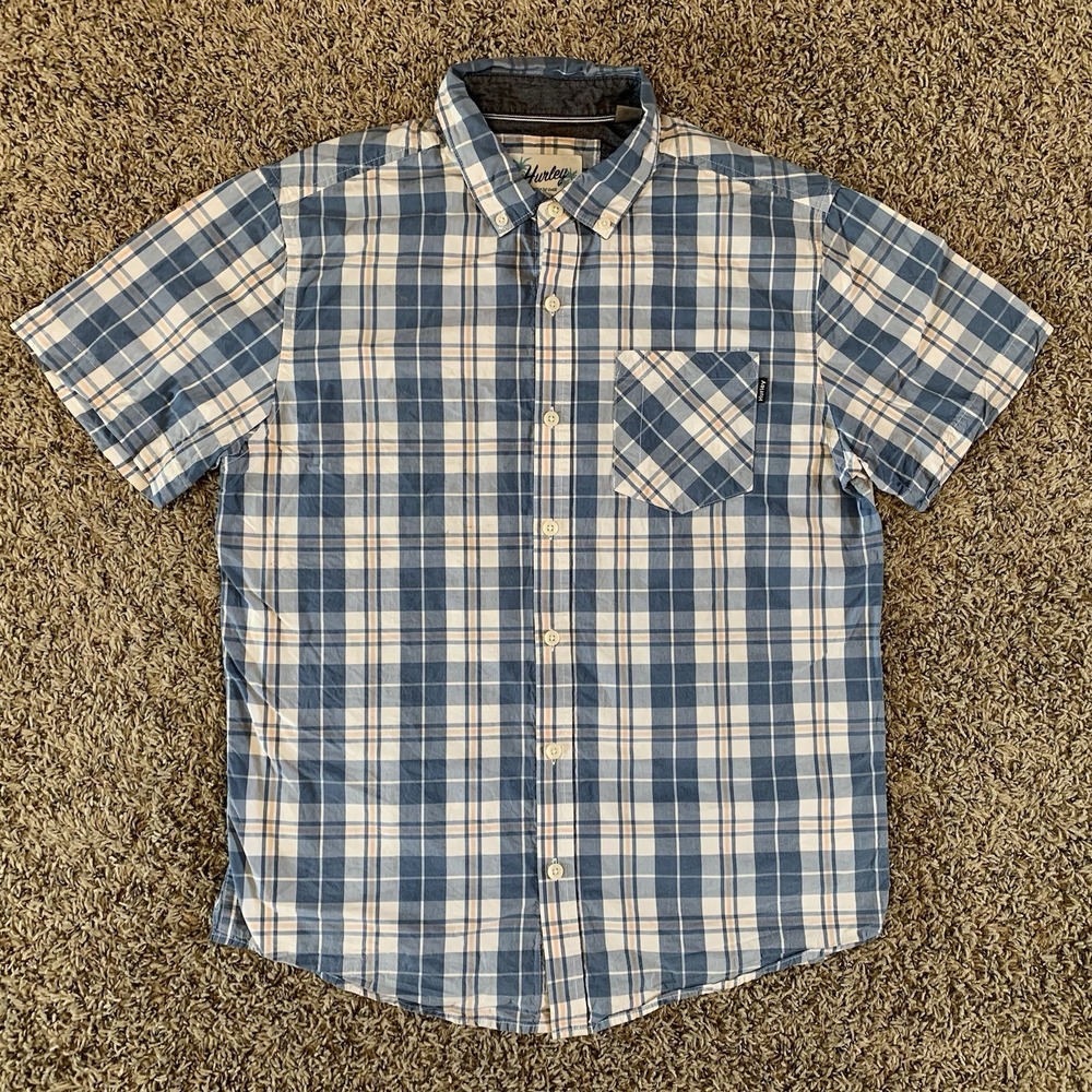Hurley Shirt Mens Small Blue Plaid Button Up Short Sleeve Casual Beach‎